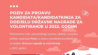 Poziv za prijavu kandidata/kandidatkinja za dodjelu Državne nagrade za volontiranje u 2022. godini